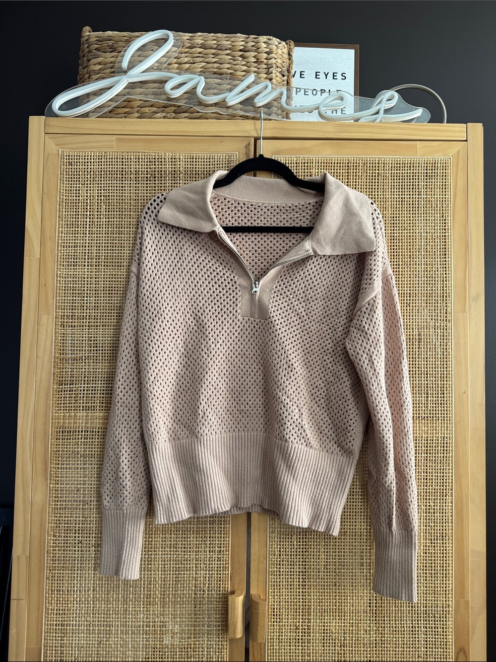 Open-Knit Half-Zip Pullover Sweater - Dusty Rose